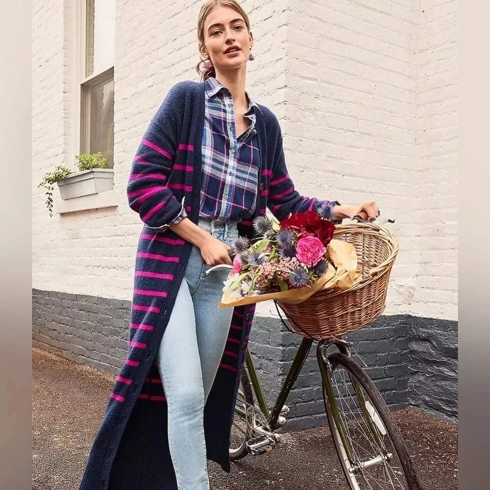 NEW ANN TAYLOR LOFT NAVY BLUE PINK STRIPED LONGLINE CARDIGAN SWEATER MIDI DRESS - Picture 4 of 15